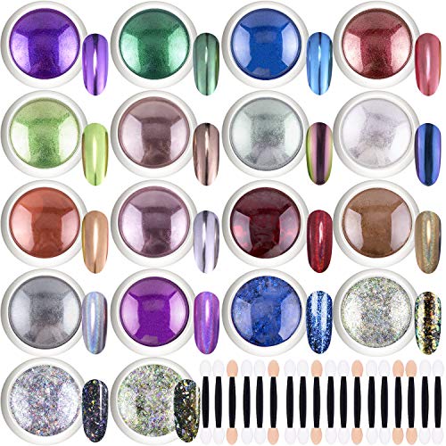 Duufin 18 Colors Nail Powder Chrome Nail Powder Holographic Powder Aurora Powder Chameleon Powder for Nails Manicure Powder Nail Art Flakes Glitter with 18 Pcs Eyeshadow Sticks