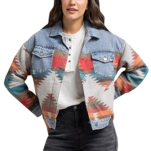 Kissonic Women's Athletic Crop Zip Up Jean Jacket Patchwork Crop