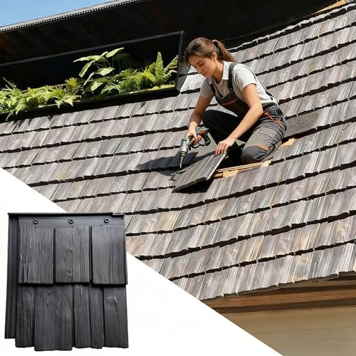 shingle pour toiture Tuiles de toit antiques en faux grain de bois pour toit en pente, nouveaux bardeaux de toiture extérieurs en plastique synthétique(Deep Gray,5m²/53.8sq ft/7750sq in/25pcs)