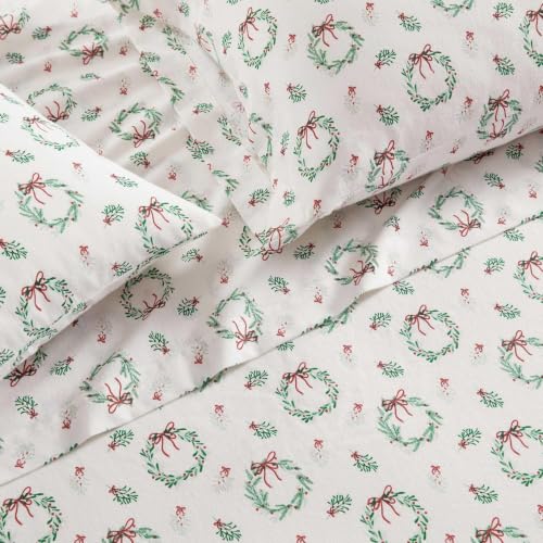 Image of Martha Stewart - Flannel Sheets Full Size, Anti-Pilling & Wrinkle Resistant Cotton, Touchably Soft for All-Season Comfort - Matching Pillowcases & Fitted Sheet (Wreaths & Mistletoe Green)