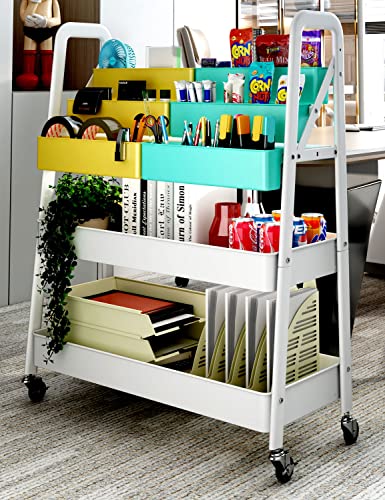 SNTD 3 Tier Rolling Utility Cart with 6 Storage Bins Drawers Kids Bookshelf with Wheels Metal Organizer Shelves Book Rack, Ice Cream White