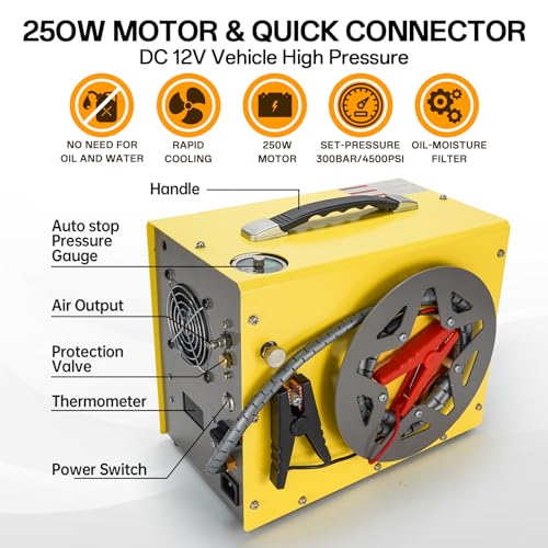 Image of PCP Air Compressor, Auto-stop Powered by DC 12V Car or Home AC 110V /220V, 4500Psi /30Mpa /300Bar Oil /Water Free,Wire Spool Portable Design,PCP Compressor for Paintball, Scuba, Air Rifle