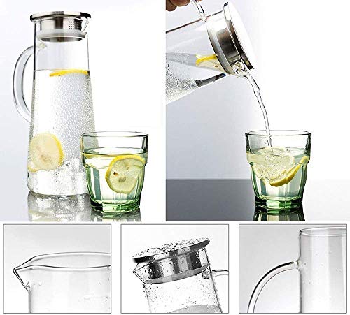 Image of Borosilicate Glass 1.3 LTR Water Jug with Handle, Juice Beverage Carafe with Stainless Steel Lid, Big Glass Iced Tea Pitcher, 1 Pcs Set (Borosilicate 1.3 Liter Stright)