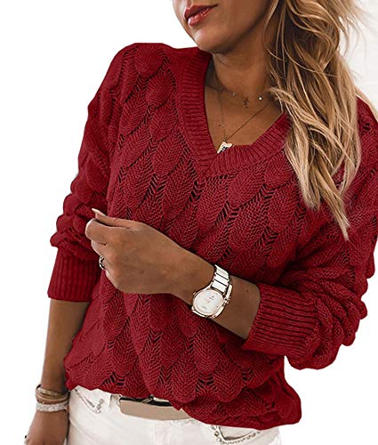 Image of Women's V Neck Long Sleeve Pullover Sweater Lightweight Knit Sweaters Novelty Sweaters