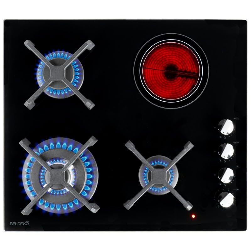 Plaque de cuisson mixte 3 gaz et 1 vitrocéramique Double couronne 7400 W Manettes