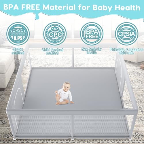 79" ×79" Extra Large Baby Playpen, Baby Playard for Babies and Toddlers, BabyFence Play Pens for Indoor & Outdoor, Sturdy Safety Play Yard with Soft Breathable Mesh, Anti-Fall, Grey