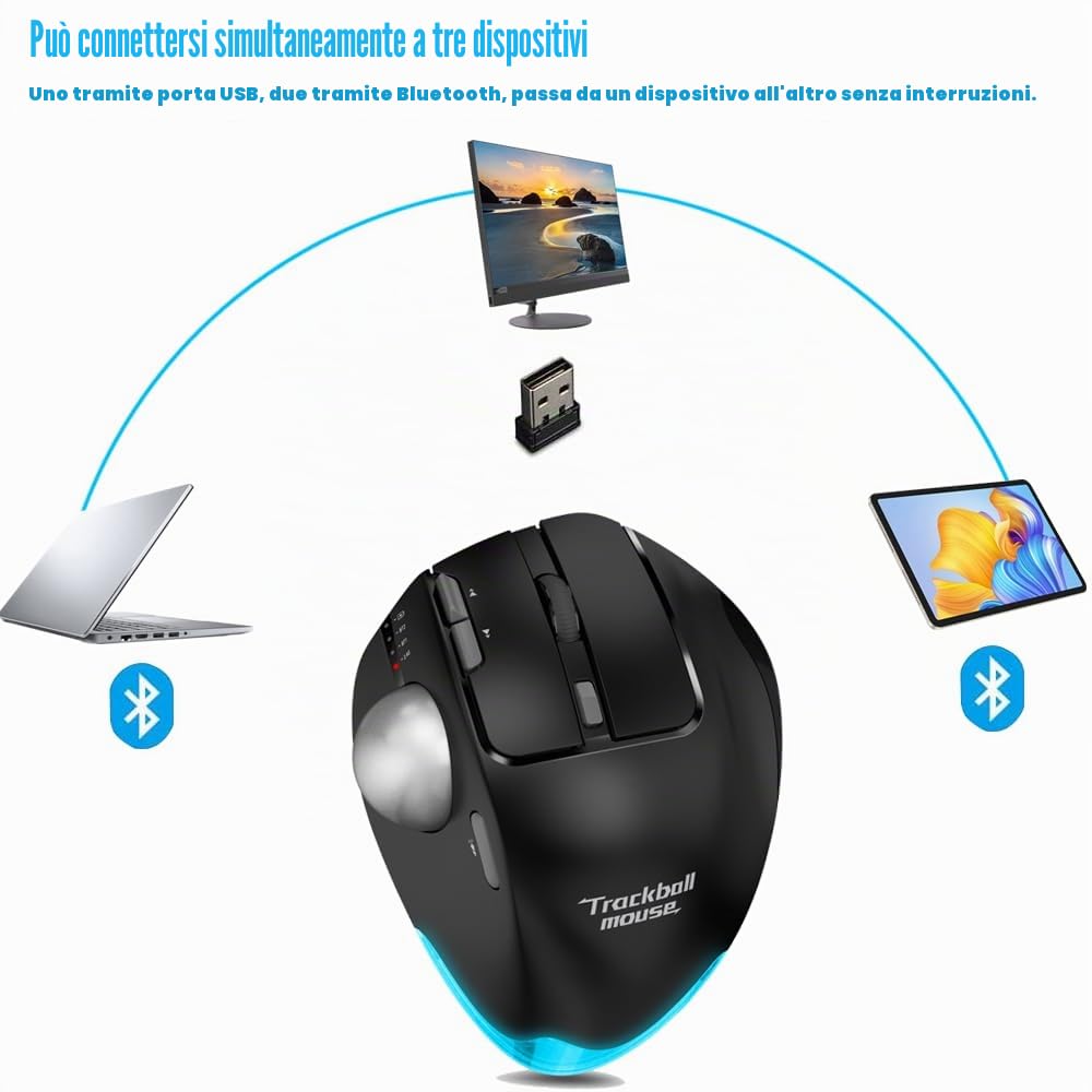 zelotes Mouse Trackball Bluetooth Wireless,Ricaricabile,4800DPI,8 Pulsanti,BT 5.0/3.0 + 2.4G,LED,Design Ergonomico,Mouse Senza Fili per PC,Laptop,Tablets,Nero