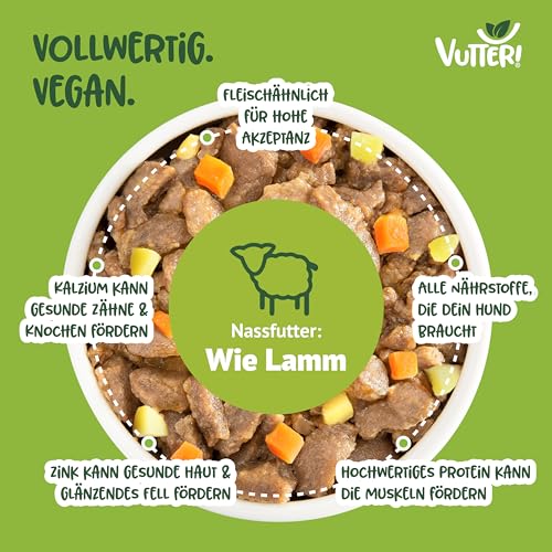 VUTTER Nassfutter Wie Lamm, 12x400 g: Hundefutter Vegan - Alleinfutter für Hunde - Fleischähnlich für hohe Akzeptanz - Sojaprotein für Muskeln, Zink für Haut & Fell, Kalzium für Zähne & Knochen