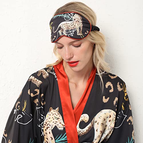 Belle Heure Women’s Satin Classic Long Kimono Silky Lounge Robe With Eyemask Short Sleeve Loungewear Nightgown Leopard Black #TOP5