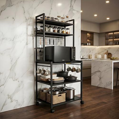 Image of Heavy Duty Metal Microwave Oven Stand with Storage Shelves & Hooks | Multi-Tier Kitchen Rack with Wheels | Organizer for Oven & Appliances (MS 5 Black)