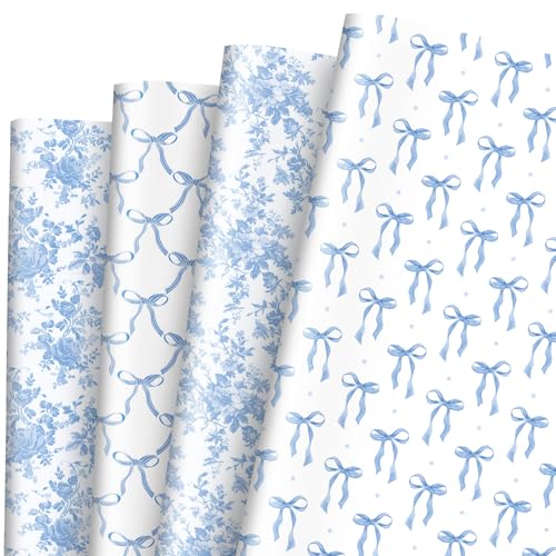 JarThenaAMCS 8 Sheets Blue Bow Wrapping Paper -Not Roll- Chinoiserie Floral Gift Wrap Paper Folded Flat Craft Paper for Holiday Wedding Baby Shower Birthday, 19.7 x 27.6 Inch