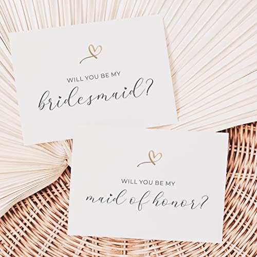 Will You Be My Bridesmaid Proposal Cards with Envelopes | Set of 14 Gold Foil Heart Bridesmaid Cards | Flower Girl Proposal | Will You Be My Maid of Honor Matron of Honor Proposal Cards | 4x6 Inches