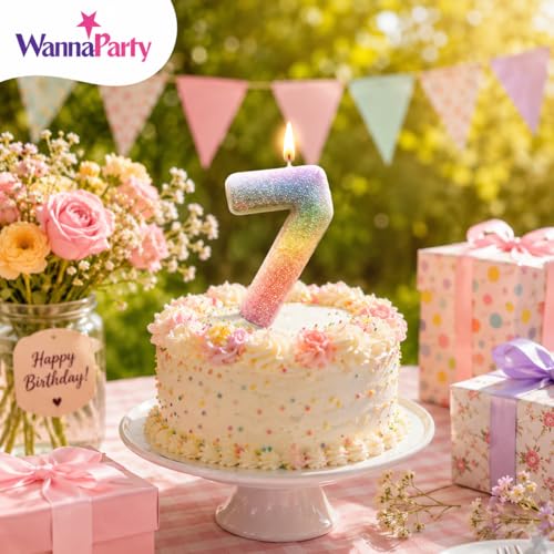Image of Wanna Party Glitter Colorful 7th Birthday Candle, Birthday Number 7 Cake Candle Cake Toppers for Girl Women, Glitter Colorful Themed Party Decorations Supplies Birthday Gifts