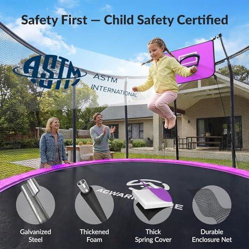 Image of ACWARM HOME Trampoline Outdoor 15FT Trampoline with Basketball Hoop and LED Lights, Recreational Trampolines for Kids and Adults with Net and Ladder, ASTM Approved, Purple