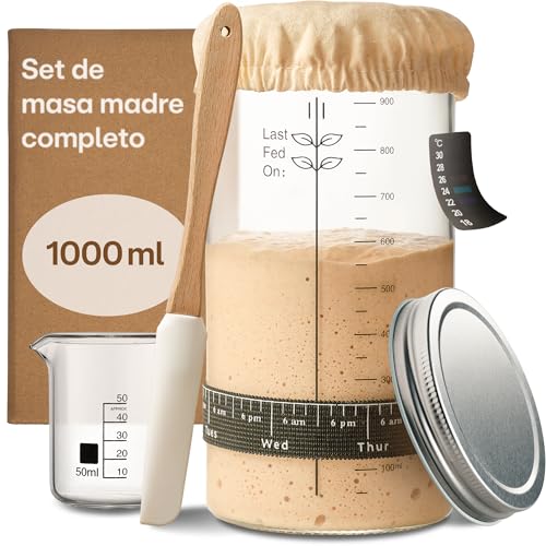 Praknu Kit de iniciación de Masa Madre de Vidrio (1000ml) Set Completo con guía para Principiantes & panadería en casa