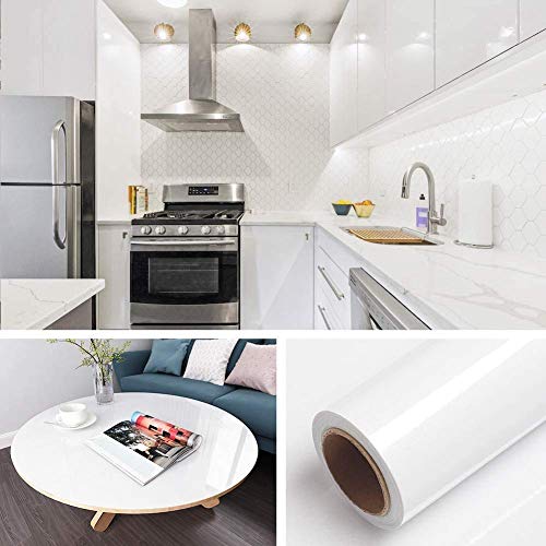 Image of Elton White Glossy Adhesive Decorative Vinyl Shelf Liner Decorative Self Adhesive Vinyl Sheet for Table top,Furniture, Almirah and Other DIY, Renovation Projects 24 X 144 Inches