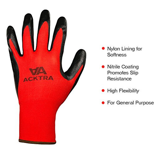 Acktra Nitrile Coated Safety Work Gloves 12 Pairs, Wg003 Red/Black, Medium #TOP3