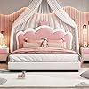 Merax Kid Full Upholstered Day Bed Frame with Crown Headboard Wood Princess Low Platform Bed for Boys GirlsEasy Assemble WhitePink