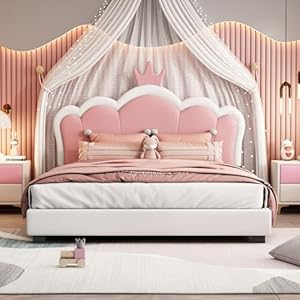 Merax Kid Full Upholstered Day Bed Frame with Crown Headboard Wood Princess Low Platform Bed for Boys GirlsEasy Assemble WhitePink