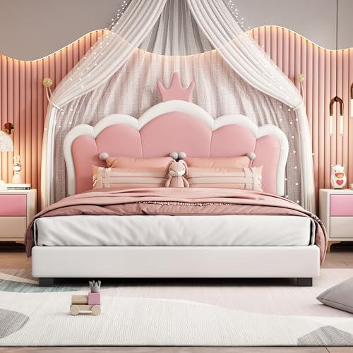 Merax Kid Full Upholstered Day Bed Frame with Crown Headboard Wood Princess Low Platform Bed for Boys GirlsEasy Assemble WhitePink