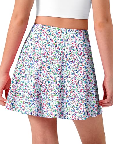 Lollgirl Girls Tennis Skirt with Pockets Pleated Athletic Skort Kids Golf Running School Uniform 2-in-1 Skirts Size 5-15YSmall Abstract Flower 8-9 Years
