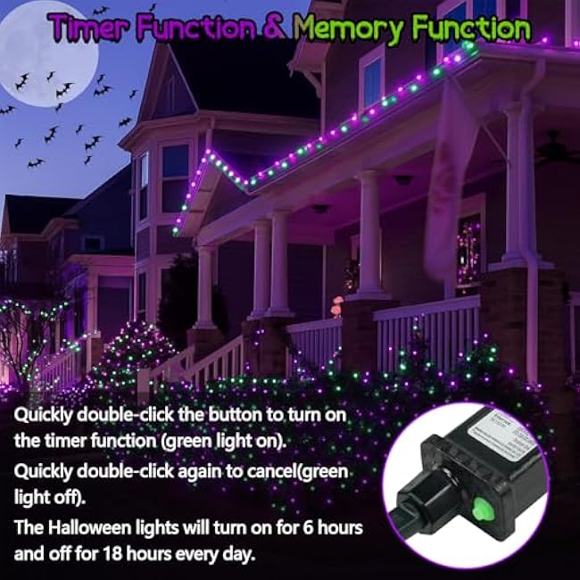 2-Pack 66FT 200 LED Extendable Halloween String Lights, Purple and Green Halloween Decorations Outdoor Indoor Tree Lights,13 Modes Plug in Mini Fairy Lights Waterproof with Timer and Memory Function