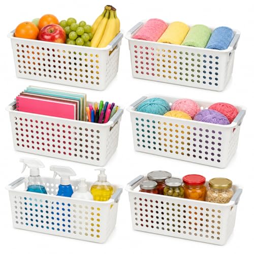 Image of Basicwise Set of 6 Plastic Storage Baskets, 12 inch x 5 inch x 5 inch Ivory Organizer Bins with Handles, Perforated Small Storage Containers for Pantry, Bathroom, Laundry, Closet, Office, Toys, Shelves, Home