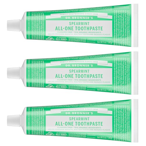 Image of Dr. Bronner's All-One Toothpaste Pack of 3- Spearmint, 5 oz- Fluoride-Free Toothpaste for Adults, SLS-Free, 70% Organic & Natural Ingredients, Vegan, Helps Freshen Breath & Reduce Plaque