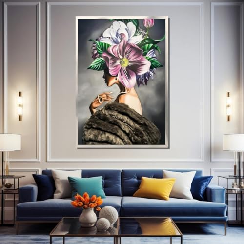 Toile femme aux fleurs décoration murale salon et chambre moderne 80x110cm