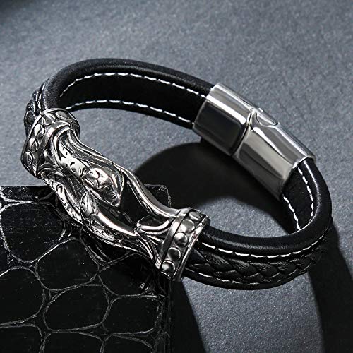 Aizu Viking Bracelet For Men - Black Genuine Leather And Stainless Steel Bracelets With Silver Magnetic Clasp - Charm Cuff Bangle Wristband For Mens Boys Or Husband 8.3 Inches #TOP2