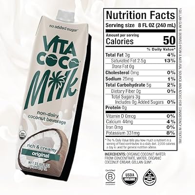 Vita Coco USDA Organic Coconut Milk, Plant Based, Dairy Free Milk Alternative - Gluten Free, Soy Free, Seed Oil Free, Unsweetened - Perfect Add to Cereal, Oatmeal, Smoothies - 33.8 Fl Oz (Pack of 6)