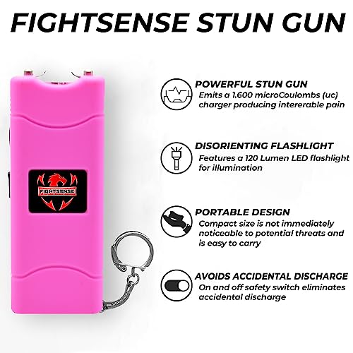 Fightsense Mini Stun Gun Keychain & Pepper Spray Combo Pack For Self Defense Kit - Extremely Powerful Stun Gun Flashlight For Women (Pink) #TOP2
