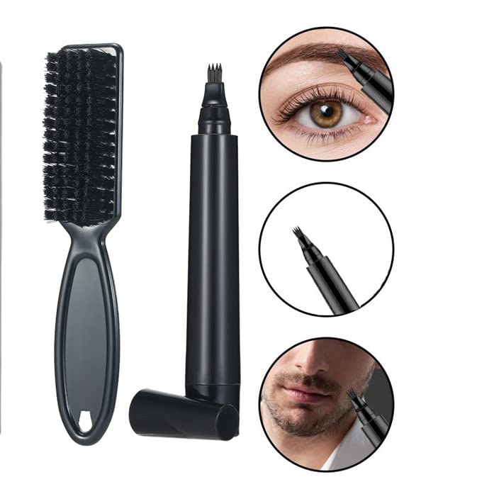 Miniatura 3 de VERONNI Kit de espesante de barba negra con aplicador de punta de microhorquilla y cepillo de cerdas, relleno de bigote y cejas de larga duración