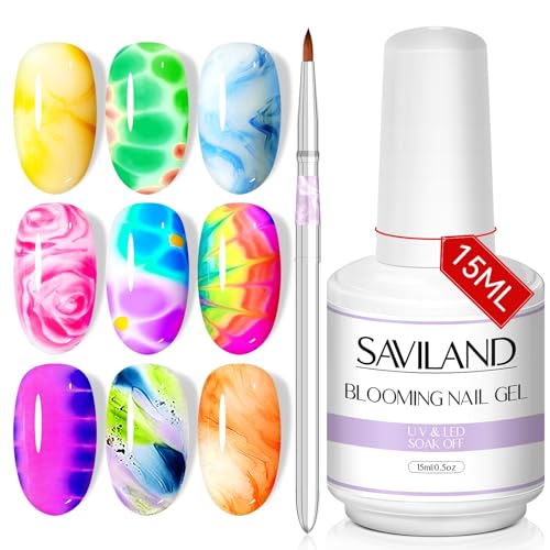 Saviland Blooming Gel de 15 ml, esmalte de uñas de gel transparente para remojar LED UV con cepillo de arte de uñas para esparcir, canicas, efecto de pintura de uñas, manicura de arte de uñas para