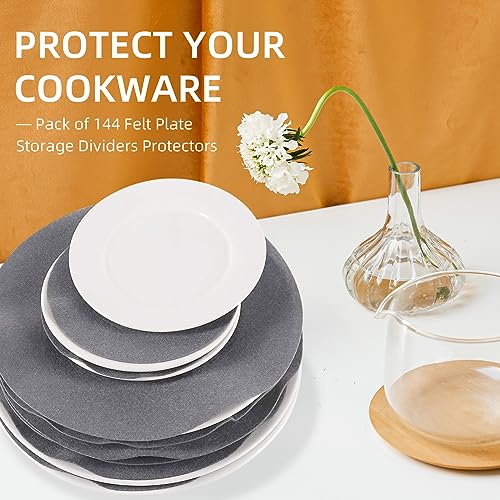 LITLANDSTAR Plate China Storage Dividers, 144 Pieces with 3 Different Sizes Premium Felt Plate Dividers Round China Dish Protectors for Porcelain Cookware Protecting and Stacking, Gray