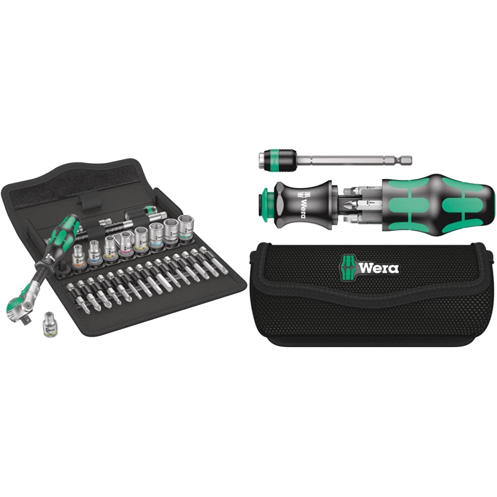Wera 8100 SA 6 Zyklop Jeu de 28 clés à cliquet métriques à vitesse métrique 1/4 + ensemble d'outils compacts Kraftform (66 cm avec pochette