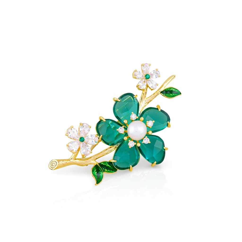 gc premium jewellery Gold Plated Green Floral Brooch with American Diamonds and Pearl-picture-13