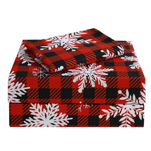 Image of JSD Red Buffalo Plaid Snowflakes Christmas Sheet Set Twin Size | 3 Piece Soft Microfiber Sheets, 16 in Extra Deep Pocket, OEKO-TEX Certified, Easy Care