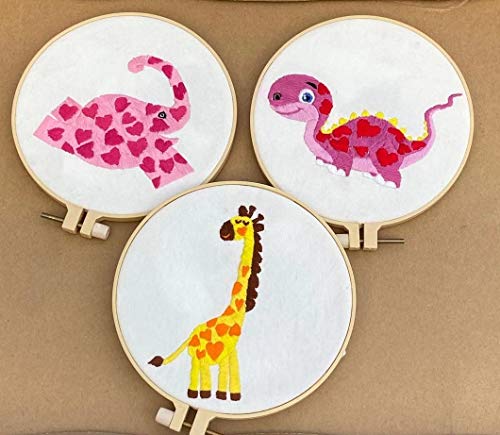 Hi Dinosaur on Town,Pre-Printed Cotton Embroidery Kits,Easy for Starter Embroidery Kits, ししゅうキット 初心者セット,図柄印刷刺繍キット,Elephant Giraffe Embroidery Kits for Starts x3