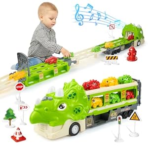 Camión Juguete de Dinosaurio para Niños – Transportador con Pista Plegable y 6 Autos Dino, Juguete para Niños de 3 a 7 Años