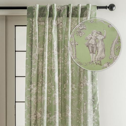 Image of Maison d' Hermine Curtains for Living Room 100% Cotton 50 inchx108 inch (Pack of 1) | 108 inches long Light Filtering Toile Curtains for Windows with Rod and Loop Pockets - Joli Jouy - Green