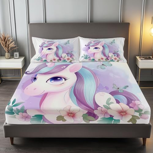 Fitted Sheet Full Size Bedding Set for Kids Girls Women Men Room Decor, Soft Microfiber & Deep Pocket & Wrinkle Free Cartoon Unicorn Flowers Bedding Sheets, Mauve