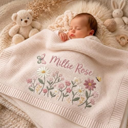 LOVELYPOD Custom Knit Baby Blanket, Embroidered Name Nursery Blanket, Newborn, Cotton Knit Stroller Blanket, Personalized Baby Knit Blanket Gifts04 — view 6