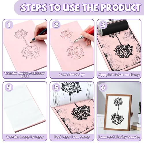 Image of 6 Pack Linocut Kit for Printmaking, 4 Pcs Rubber Stamp Carving Blocks