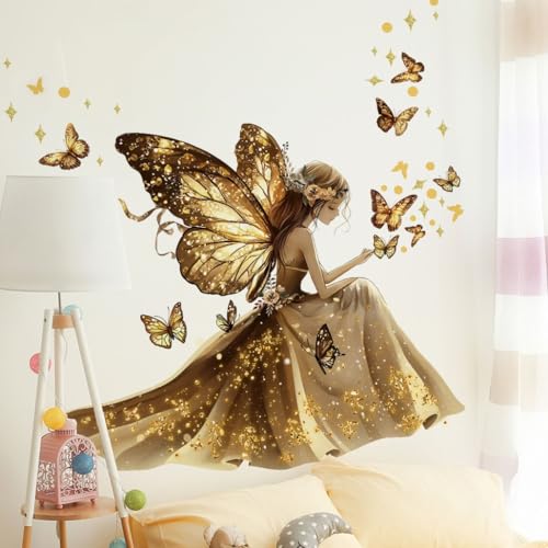 WandSticker4U®- [Extra large] Stickers muraux FILLE & PAPILLONS en or (110x112 cm) I Autocollant mural fée chambre adolescent princesse femme I Déco murale...