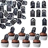 60 Stück Essbare Grabstein Tortendeko Waffel Papier Halloween Tombstone Cupcake Toppers RIP Friedhof Begräbnisstätte Kuchen Deko für Halloween Thema Party Kuchen Dekorationen