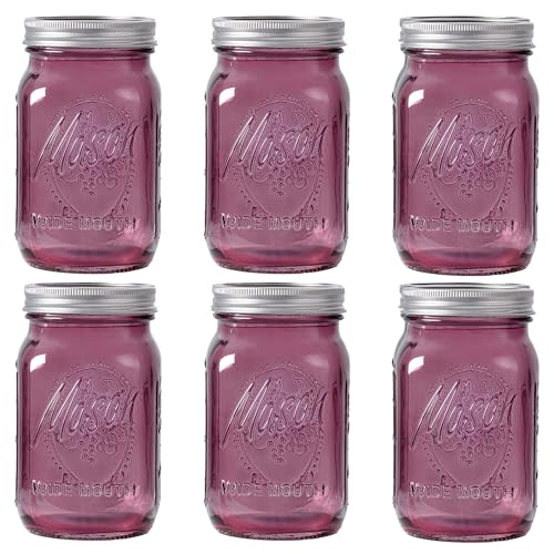 WELLIFE Vintage Grape Purple Mason Jars 32 oz, 6 Pack Wide Mouth Mason Jars for Decor & DIY, Glass Storage Jars,Fermenting, Pickling, Pint canning jars.