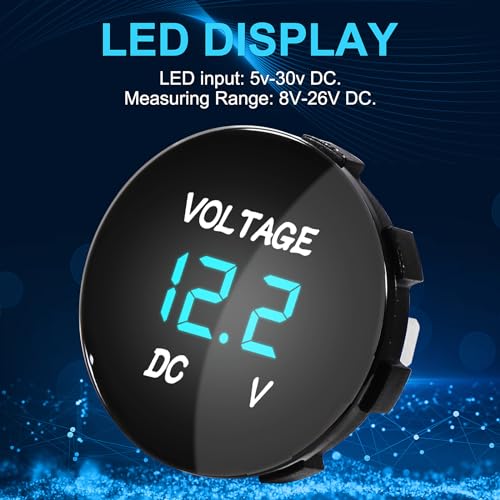 Image of 2PCS DC 12V 24V Car Voltmeter DC 5-48V LED Digital Display Voltmeter 12V Waterproof Voltage Gauge Meter Tester Round Panel with Terminals for Boat Marine Vehicle Motorcycle Truck ATV UTV (Blue Light)