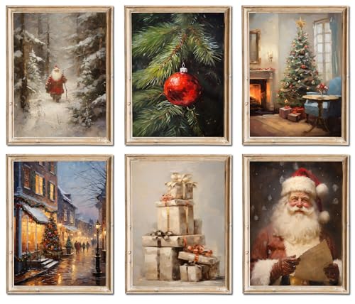 Lienzo decorativo para pared con imágenes de Navidad, póster de Navidad, diseño vintage de galería, juego de 6, regalo de árbol de Papá Noel, pintura al óleo de Papá Noel, decoración navideña de 8 x