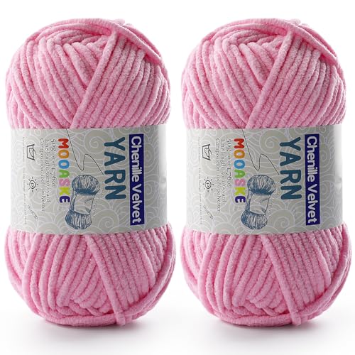Image of Mooaske 2 Pac Chenille Yarn for Crocheting - Fluffy Yarn for Crochet, Baby Yarn for Crocheting Soft Blankets, 50g /1.76oz, 60m /65yard (Dark Pink)